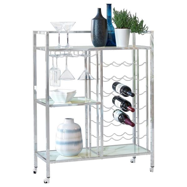 Derion - 3-Tier Rectangular Glass Shelf Metal Bar Cart - Chrome Cheap