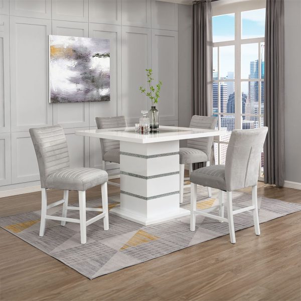 Elizaveta - Counter Height Table - Gray Velvet, Faux Crystal Diamonds &White High Gloss Finish Online