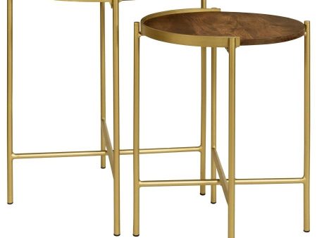 Malka - 2 Piece Round Wood Nesting Table - Dark Brown And Gold on Sale