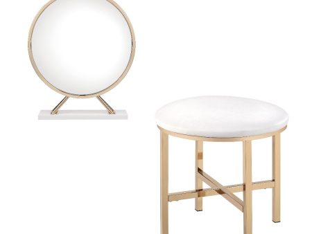 Midriaks - Vanity Mirror & Stool - PU, White & Gold Finish Fashion